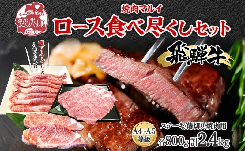 【岐阜県安八町】飛騨牛 ロース 食べつくし 約2.4kg  ステーキ 薄切り 焼肉用 各約800g A4ランク A5ランク お肉 牛肉 和牛 国産 ブランド牛 お家焼肉 バーベキュー BBQ 柔らかい 霜降り 旨み 真空パック 冷蔵 タレ付き 自家用 ギフト 送料無料 焼肉マルイ 岐阜県 安八町