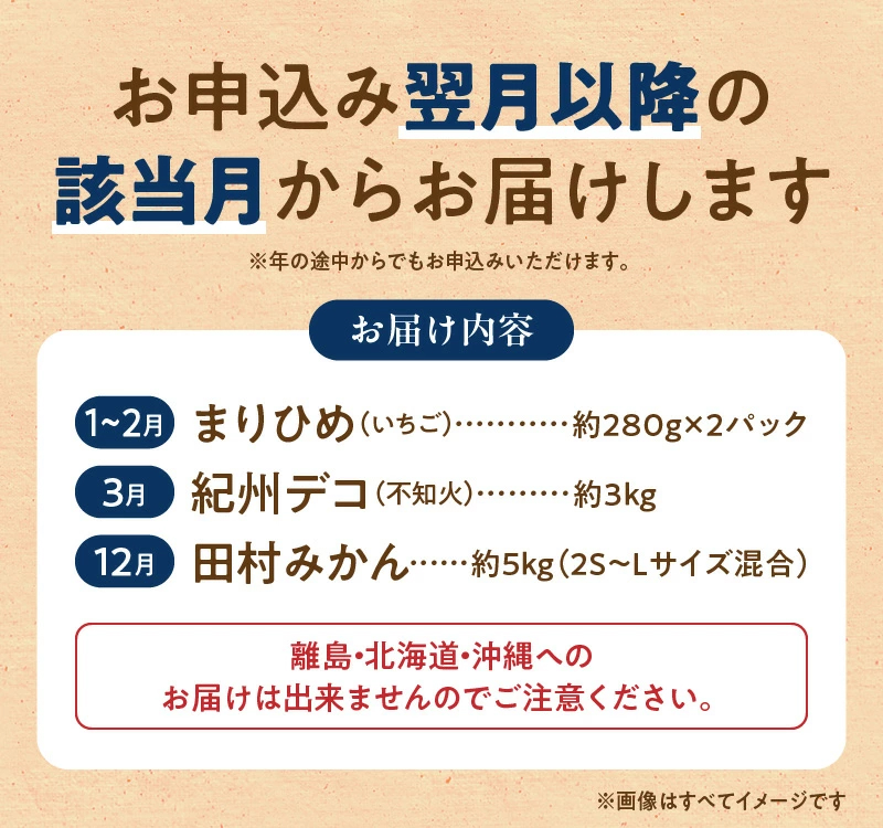 和歌山県湯浅町のふるさと納税 G60-T77_【定期便 全3回】紀州和歌山産旬のフルーツ定期便（田村みかん、いちご、紀州デコ）