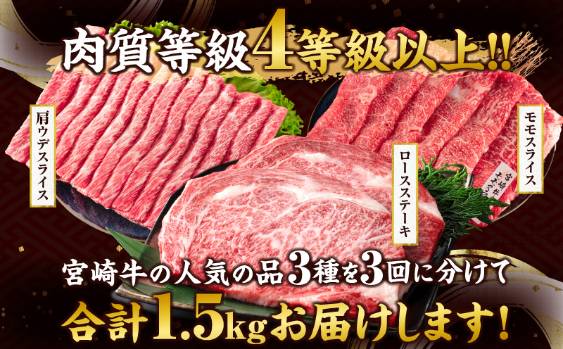 宮崎県日南市のふるさと納税 【セゾン限定】3か月 お楽しみ 宮崎牛 3強 スペシャル 定期便 総重量1.5kg 肩ウデ モモ ロースステーキ 肉 牛肉 すき焼き しゃぶしゃぶ 黒毛和牛 A4 A5 和牛 国産 食品 牛丼 薄切り おすすめ おかず お弁当 ブランド牛 ご褒美 記念日 お祝い 冷凍 宮崎県 日南市 送料無料_GA5-24