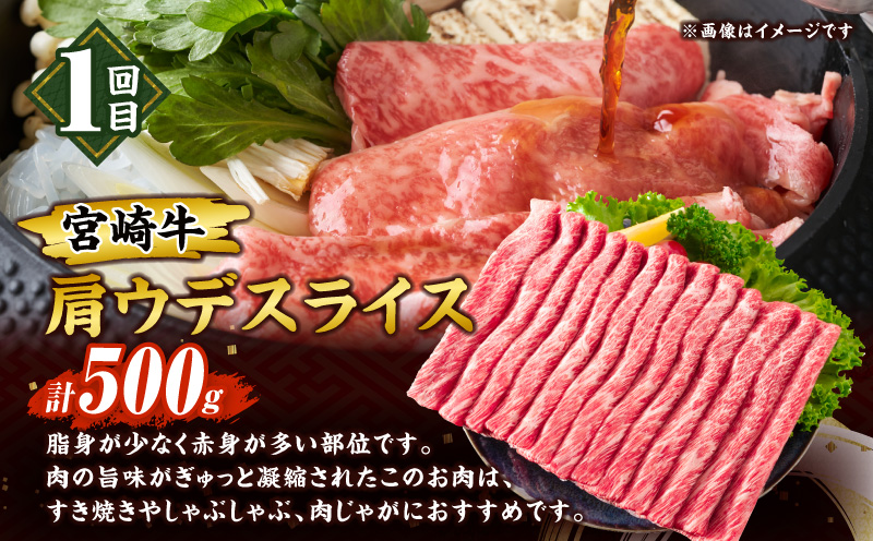 宮崎県日南市のふるさと納税 【セゾン限定】3か月 お楽しみ 宮崎牛 3強 スペシャル 定期便 総重量1.5kg 肩ウデ モモ ロースステーキ 肉 牛肉 すき焼き しゃぶしゃぶ 黒毛和牛 A4 A5 和牛 国産 食品 牛丼 薄切り おすすめ おかず お弁当 ブランド牛 ご褒美 記念日 お祝い 冷凍 宮崎県 日南市 送料無料_GA5-24