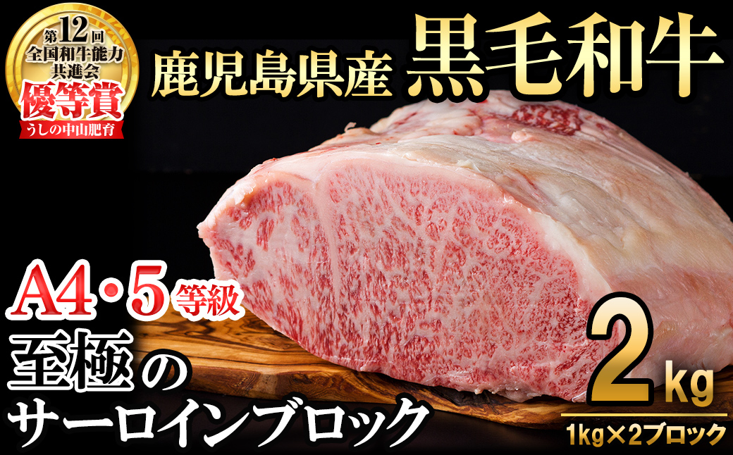 [数量限定]A4・5等級 鹿児島県産黒毛和牛うしの中山サーロインブロック(計2kg/1kg×2) wb0-001