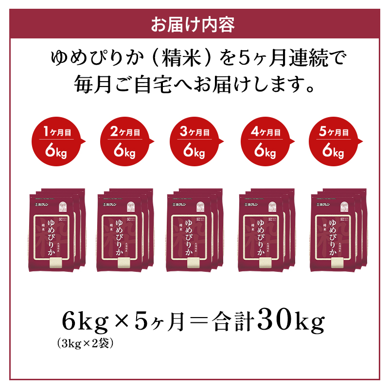 北海道仁木町のふるさと納税 5ヵ月 定期便 ホクレンゆめぴりか（精米6kg（2kg×3袋）)※チャック付袋 お米 米 ごはん 精米 白米 国産 北海道 こめ コメ [JA新おたる]