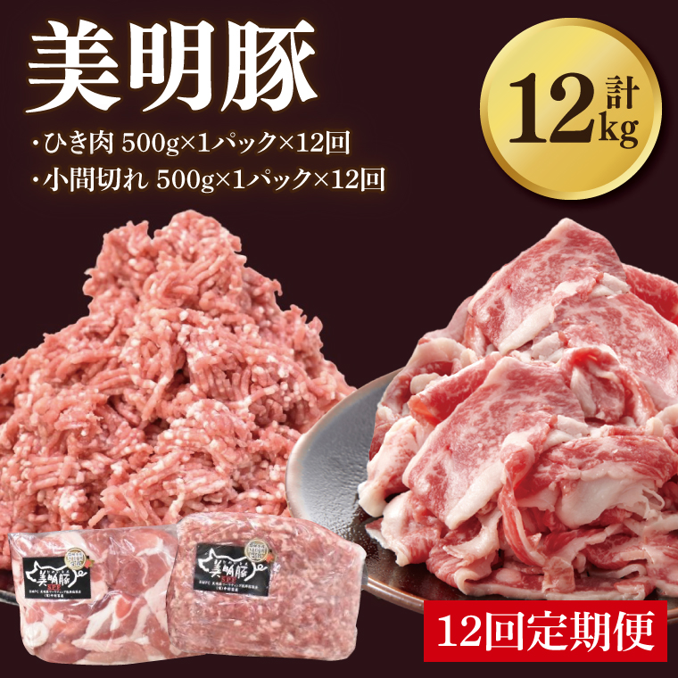 【茨城県行方市】【12ヶ月定期便】【美明豚】ひき肉と小間切れのアソート 計1kg(各約500g×1パック)|肉 お肉 ひき肉 小間切れ 豚肉 挽肉 美明豚 豚 ハンバーグ 焼き肉 焼肉 すき焼き 煮物 キーマカレー 茨城県 行方市(DH-30)