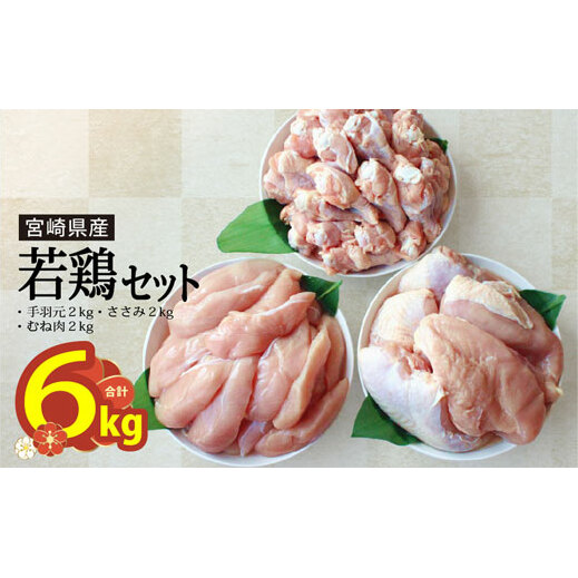 宮崎県産若鶏むね、ささみ、手羽元セット 各2kg 合計6kg