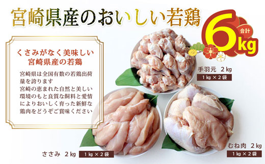 宮崎県美郷町のふるさと納税 宮崎県産若鶏むね、ささみ、手羽元セット 各2kg 合計6kg