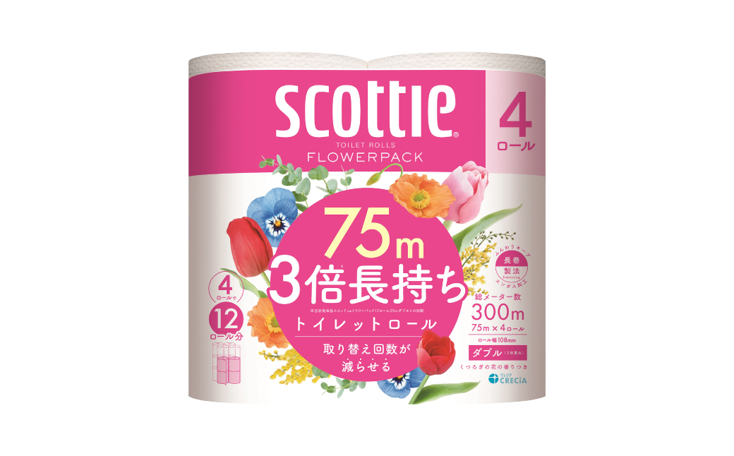 熊本県八代市のふるさと納税 【スコッティ】フラワーパック 3倍長持ち 4ロール（ダブル）x 1パック 合計4ロール 香りつき 日用品 生活必需品