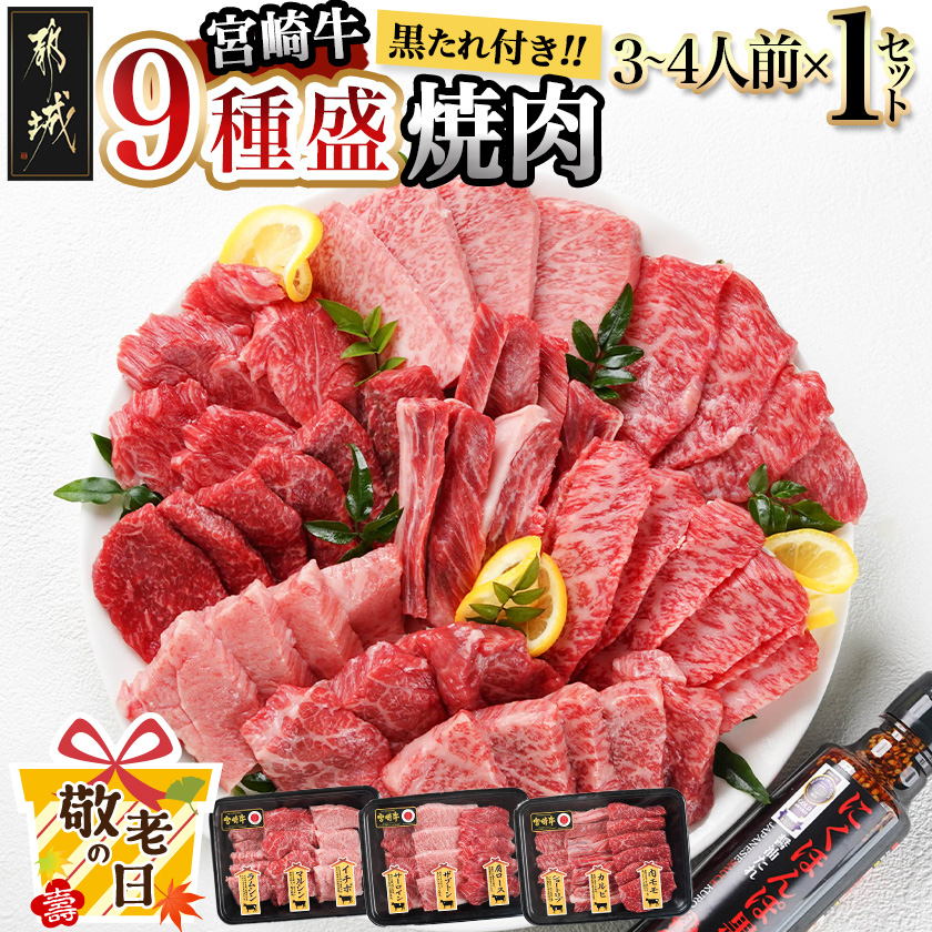 [敬老の日][数量限定]宮崎牛9種盛り焼肉セット≪9月11日〜15日お届け≫_22-3101-KG