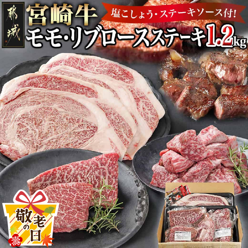 [敬老の日]宮崎牛モモ・リブロースステーキ1.2kgセット≪9月11日〜15日お届け≫