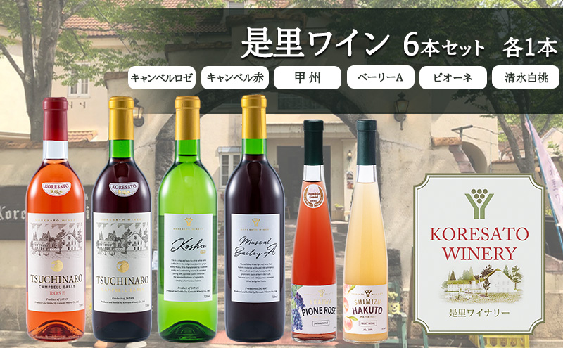 【岡山県赤磐市】是里 ワイン 果実酒 キャンベルロゼ キャンベル赤 甲州 ベーリーA ピオーネ 清水白桃 各1本 岡山 赤磐市 お酒