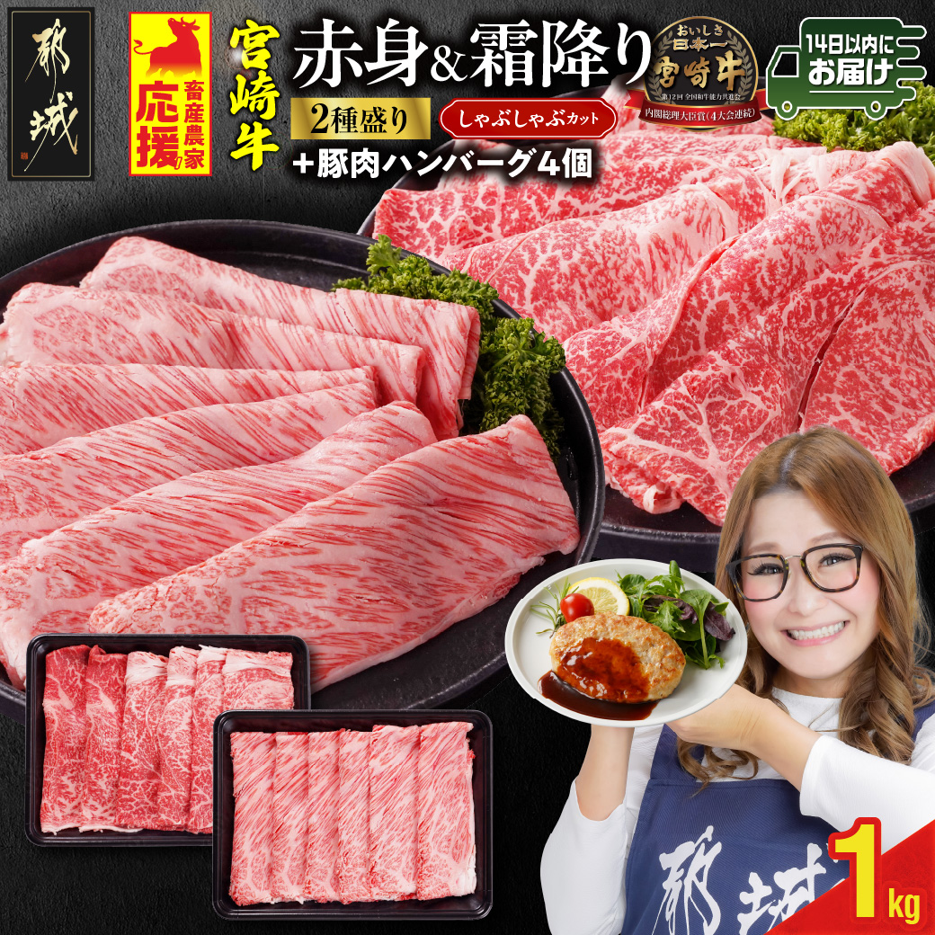 畜産農家応援! 宮崎牛しゃぶしゃぶ2種セット500g×2パック+豚肉ハンバーグ100g×4個≪みやこんじょ快速便≫_17-N203-R-ESH