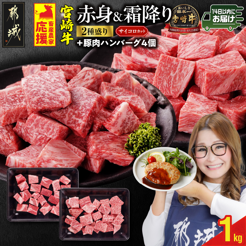 畜産農家応援! 宮崎牛サイコロステーキ2種セット500g×2パック+豚肉ハンバーグ100g×4個≪みやこんじょ快速便≫_17-N204-R-ESH