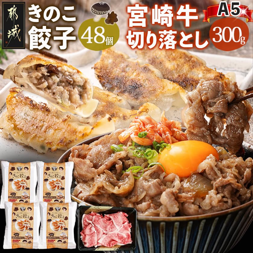 きのこ餃子48個&宮崎牛(A5)霜降り切り落し300g