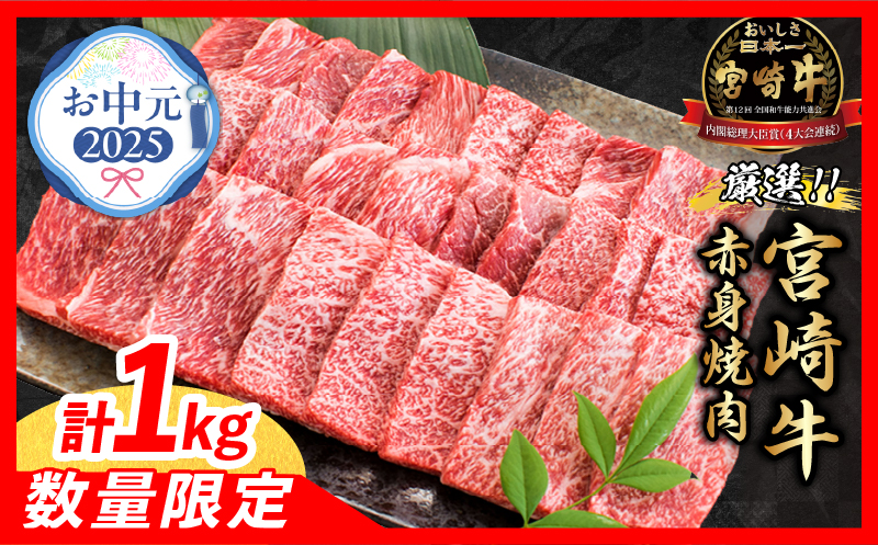 [お中元・夏の贈り物]数量限定 厳選 宮崎牛 赤身 焼肉 計1kg 牛肉 国産焼き肉 BBQ 鉄板焼き バーベキュー 人気 黒毛和牛 肩ウデ モモ A4 A5 等級 ギフト 贈答 小分け 食品 選べる ミヤチク 宮崎県 日南市 送料無料_CB104-252