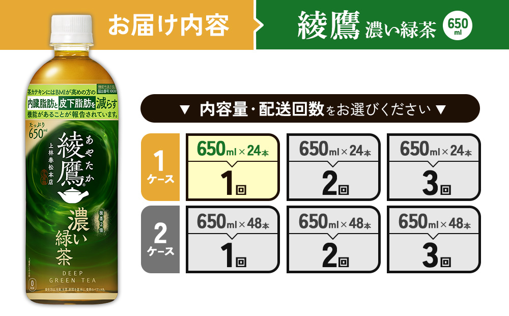 宮崎県えびの市のふるさと納税 綾鷹 濃い緑茶 650ml PET【コカ・コーラ】ペットボトル 1ケース(24本) セット お茶 緑茶 抹茶 日本茶 茶葉 カテキン 内臓脂肪 皮下脂肪 健康 機能性表示食品 宮崎県 えびの市 送料無料