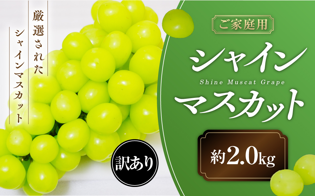 フルーツ王国山梨から、シャインマスカットをお届けします。 [2025年発送] ご家庭用 シャインマスカット 約2.0kg 先行予約 先行 予約 山梨県産 産地直送 フルーツ 果物 くだもの ぶどう ブドウ 葡萄 シャイン シャインマスカット 新鮮 人気 おすすめ 国産 不揃い 訳あり わけあり ワケアリ 山梨 甲斐市 糖度18度〜糖度20度 AN-131