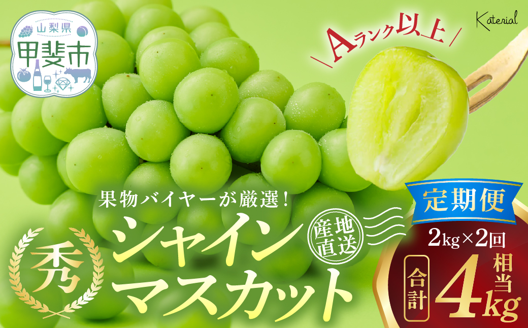 パリッとした歯ごたえで、高貴な香りと上品な甘みが特徴のぶどうです! [2025年分発送] 定期便 シャインマスカット 2.0kg相当×2回 先行予約 先行 予約 山梨県産 産地直送 フルーツ 果物 くだもの ぶどう ブドウ 葡萄 シャイン シャインマスカット 新鮮 人気 おすすめ 国産 贈答 ギフト お取り寄せ 甘い 皮ごと 甲斐市人気 山梨 甲斐市 AD-165