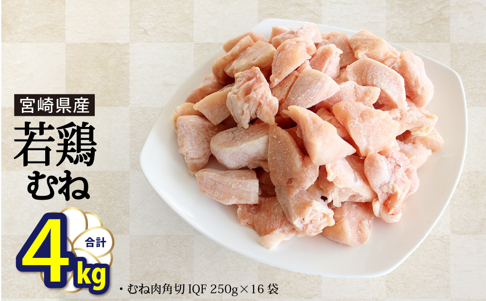 宮崎県産若鶏むね切身　ほぐれやすくて便利な小分け16袋セット　合計4kg