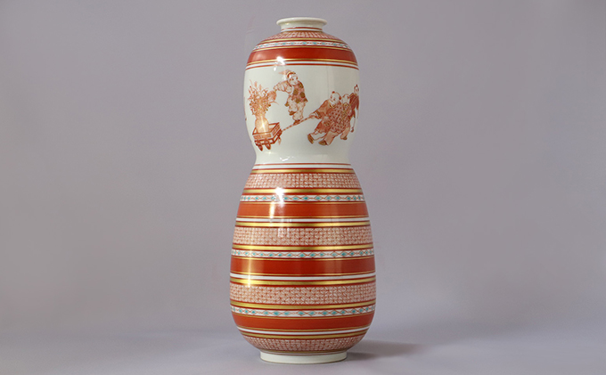 福島武山 赤絵唐子遊文九谷焼飾瓶 a05 民芸品 工芸品 （石川県能美市 