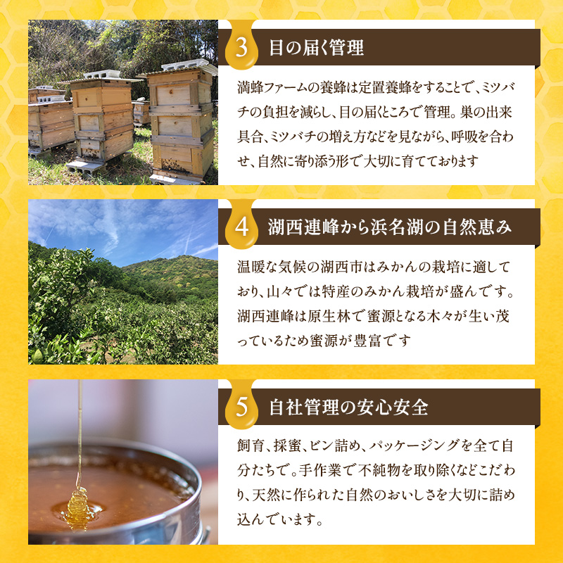 浜名湖ほとりで採れた天然はちみつ　みなと百花はちみつ　300g・渚みかんはちみつ・みなと百花はちみつ　各460g　3本セット|満蜂ファーム