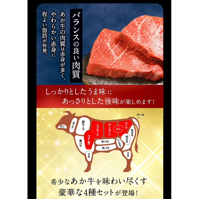 4種のステーキセット 1kg超 あか牛 赤牛 ランプ イチボ ミスジ ロース 《60日以内に順次出荷(土日祝除く)》 三協畜産|