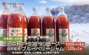 北海道仁木町産 ミニトマト100％ジュース1000ml×6本・自然栽培ブルーベリージャム120g×2本セット 栽培期間中 除草剤・化学農薬・化学肥料不使用 野菜ジュース 果汁飲料 野菜飲料 [iori farm hokkaido]