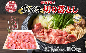 飛騨牛 切り落とし A3～A5等級使用 約3kg 約500g×6パック 肉 牛肉 和牛 ブランド牛 お肉 ビーフ しゃぶしゃぶ すき焼き 国産 お取り寄せ ご褒美 豪華 グルメ 焼肉 BBQ パーティー ギフト 贈り物 自家用 贈答用 送料無料 焼肉マルイ 岐阜県 【 安八町 】