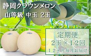 クラウンメロン【上（山等級）】中玉（1.3kg前後）2玉入り 定期便12ヶ月 人気 厳選 ギフト 贈り物 デザート グルメ 果物 袋井市