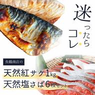 迷ったらコレ！！魚鶴の天然紅サケ1kg & 塩さばフィレ6枚セット◇