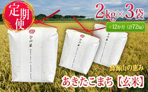 新米 米 お米 《定期便》6kg×12ヶ月 秋田県産 あきたこまち 玄米 2kg×3袋 神宿る里の米「ひの米」（お米 小分け 1年）