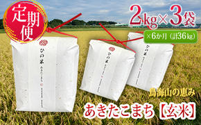 新米 米 お米 《定期便》6kg×6ヶ月 秋田県産 あきたこまち 玄米 2kg×3袋 神宿る里の米「ひの米」（お米 小分け）