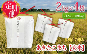 新米 米 お米 《定期便》8kg×12ヶ月 秋田県産 あきたこまち 玄米 2kg×4袋 神宿る里の米「ひの米」（お米 小分け 1年）