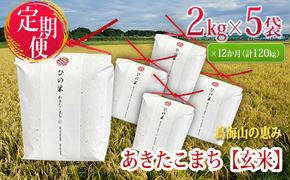 新米 米 お米 《定期便》10kg×12ヶ月 秋田県産 あきたこまち 玄米 2kg×5袋 神宿る里の米「ひの米」（お米 小分け 1年）