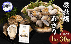 厚岸産 牡蠣 「マルえもん」 LLサイズ 30個 (約4kg) と 厚岸産 あさり 1kg セット (合計約5kg) 牡蠣 あさり