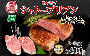 飛騨牛 シャトーブリアン ステーキ 3ヵ月定期便約400g 2～3枚切り×3 肉 牛肉 和牛 ブランド牛 お肉 ビーフ ヒレ 希少部位 赤身 贅沢 国産  ご褒美 豪華 グルメ 焼肉 BBQ パーティー ギフト 贈り物 自家用 贈答用 送料無料 焼肉マルイ 岐阜県 【 安八町 】