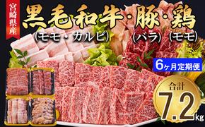 6回 定期便 宮崎県産 焼肉 セット 黒毛和牛 モモ カルビ 豚バラ 若鶏 モモ 合計7.2kg 各300g [サンアグリフーズ 宮崎県 美郷町 31ba0039] 小分け 冷凍 送料無料 国産 BBQ バーベキュー キャンプ 普段使い 炒め物 丼 カット 詰め合わせ 経産牛