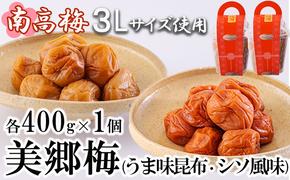 南高梅 梅干し 美郷梅 昆布 シソ風味 セット 各400g×1 3Lサイズ A級品 [農林産物直売所 美郷ノ蔵 宮崎県 美郷町 31ab0114] 国産 セット 詰め合わせ　 宮崎県産 美郷産 常温 送料無料 贈答品 父の日 母の日 プレゼント ギフト 食べ比べ 2種 贈り物 おやつ お菓子 調理 おかず 料理 普段使い