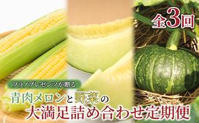 【年3回定期便】【2025年7～10月お届け】高品質 フラノプレゼンツ が贈る 青肉 メロン 野菜 大満足 詰め合わせ 定期便 (メロン とうもろこし かぼちゃ 北海道 富良野市 野菜 果物 フルーツ 甘い 新鮮 ふらのメロン)