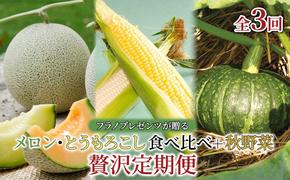 【年3回定期便】【2025年7～10月お届け】高品質 フラノプレゼンツ が贈る メロン 2種 食べ比べ 新鮮野菜 食べ比べ 贅沢 定期便 ！(メロン とうもろこし かぼちゃ  北海道 富良野市 野菜 果物 フルーツ 甘い 新鮮 赤肉 青肉)