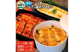 【ふるさと納税】～四国一小さなまち～ わっぱ飯4個+うなぎの蒲焼き(大)1尾+うなぎの白焼き(大)1尾 鰻 ウナギ お弁当 ご飯 ごはん めし わっぱめし かば焼き 無頭 タレ付き 山椒付き 簡単 レンジ お取り寄せ 冷凍 配送 高知県 田野町 ふるさとのうぜい 故郷納税 返礼品