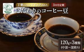 【3ヵ月定期便】丁寧にハンドピックされたこだわりのコーヒー豆120g×3種類(中深～深煎り)【粉】  珈琲 コーヒー豆 珈琲豆 豆 焙煎 自家焙煎 セット