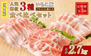 【3ヶ月定期便】豚肉 いもこ豚 人気部位3種 食べ比べセット 900g（300g×3パック）×３回 総合計2.7kg ぶた肉 ぶたにく ブタ肉 30日 お肉 ロース 肩ロース しゃぶしゃぶ 冷凍 国産 宮崎県産 九州 送料無料 薄切り 小分け