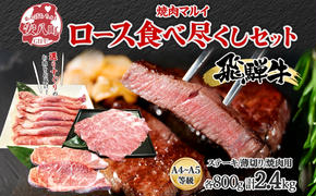 飛騨牛 ロース 食べつくし 約2.4kg  ステーキ 薄切り 焼肉用 各約800g A4ランク A5ランク お肉 牛肉 和牛 国産 ブランド牛 お家焼肉 バーベキュー BBQ 柔らかい 霜降り 旨み 真空パック 冷蔵 タレ付き 自家用 ギフト 送料無料 焼肉マルイ 岐阜県 安八町