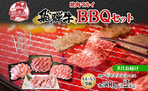 ＜8月に届く＞飛騨牛 BBQ セット 約2kg カルビ 焼肉 モモ ヒレ ロース串 各約500g お肉 牛肉 和牛 国産 ブランド牛 バーべキュー お家焼肉 赤身 冷蔵 真空パック タレ付き 送料無料 焼肉マルイ 岐阜県 安八町