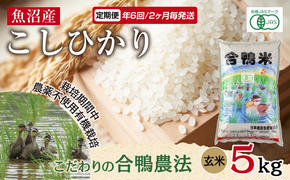 定期便 年6回 2か月毎 魚沼産 コシヒカリ 5kg あいがも農法 有機栽培米 玄米 米 お米 ご飯 胚芽 合鴨 ごんべい こしひかり 特A 人気 安全 お取り寄せ 送料無料 新潟県 十日町市 