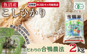 定期便 年3回 4か月毎 魚沼産 コシヒカリ 2kg あいがも農法 有機栽培米 精米 米 お米 ご飯 合鴨 ごんべい こしひかり 特A 人気 安全 お取り寄せ 送料無料 新潟県 十日町市 