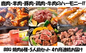 定期便 4ヵ月連続4回 BBQ 焼肉 5人前セット 6種 各1 お肉 牛肉 豚肉 鶏肉 羊肉 鹿肉 肉 ジビエ ジンギスカン 味付き たれ 焼き肉 バーベキュー アウトドア パーティー 詰め合わせ お取り寄せ 冷凍 ギフト 久上工藤商店