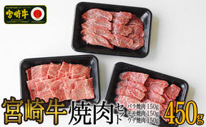 【宮崎牛】 焼肉 セット ウデ 150g バラ 150g モモ 150g 食べ比べ 合計450g [SHINGAKI 宮崎県 美郷町 31ag0071] 牛肉 カルビ 腕 もも BBQ バーベキュー キャンプ 真空 冷凍 内閣総理大臣賞受賞 宮崎県産 送料無料 詰め合わせ