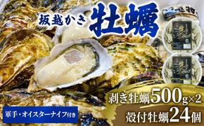  牡蠣 坂越かき 剥き牡蠣 500g×2、殻付き牡蠣 24個 軍手・オイスターナイフ付き[ 生牡蠣 かき カキ 生食 冬牡蠣 ]