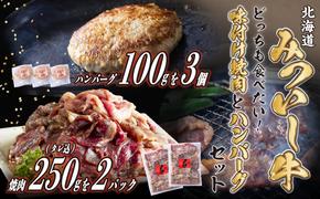 北海道産 味付け 焼肉 ＆ 北海道産 黒毛和牛 みついし牛 と ホエー豚 ハンバーグ 計 800g (250g×2パック タレ込 ＆ 100g×3枚) 