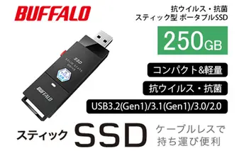 【4月1日から大幅値上げ予定】BUFFALO バッファロー スティック型 SSD 250GB 抗ウイルス・抗菌 テレビ 録画 USB 電化製品 家電 パソコン PC周辺機器 パソコン周辺機器